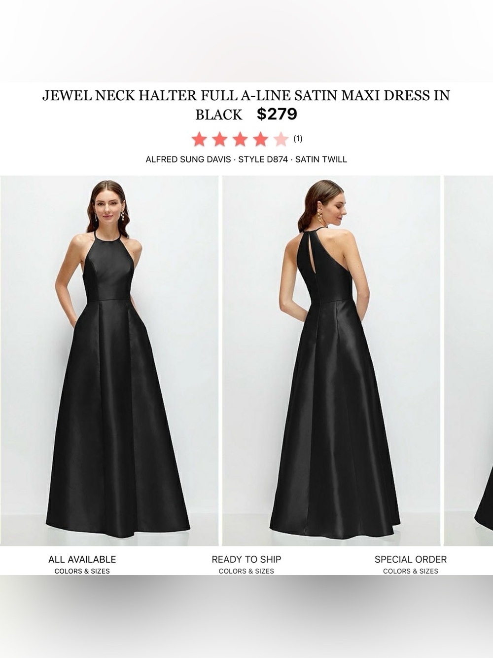 ALFRED SUNG Black Jewel Neck Halter A-Line Satin Maxi Dress